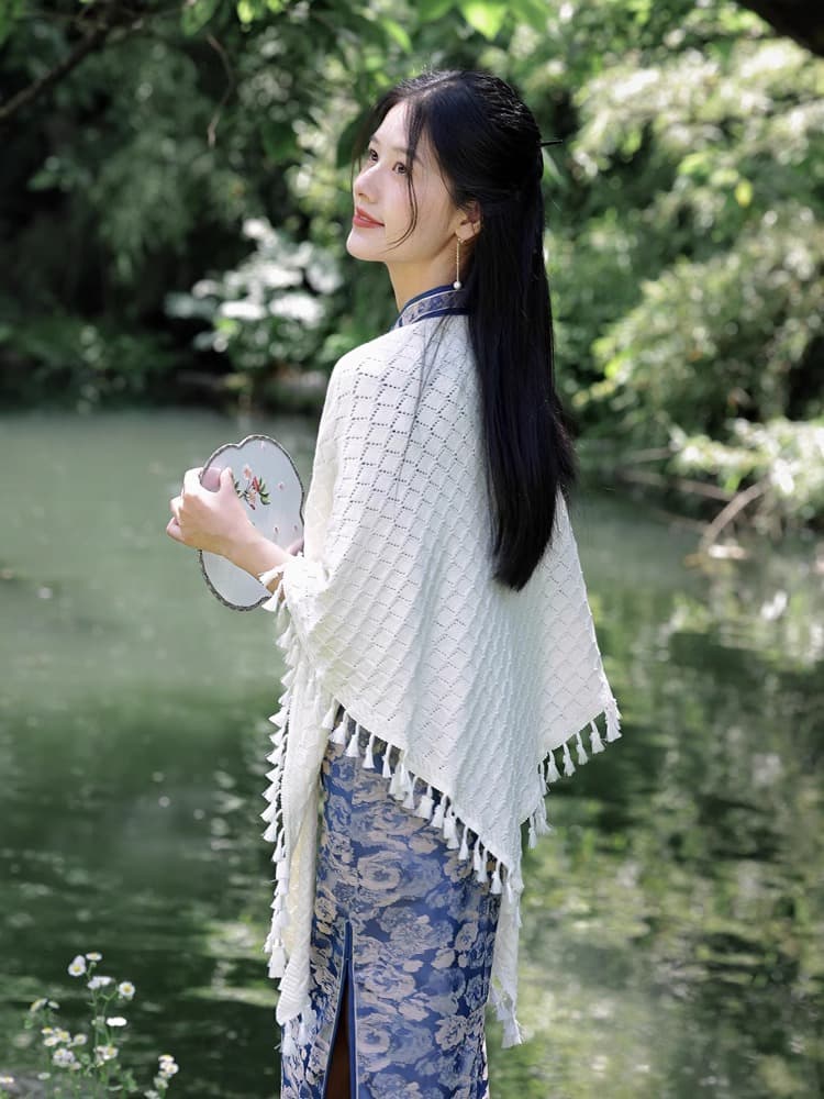 スカーフ 菱格フリンジ三角ストール